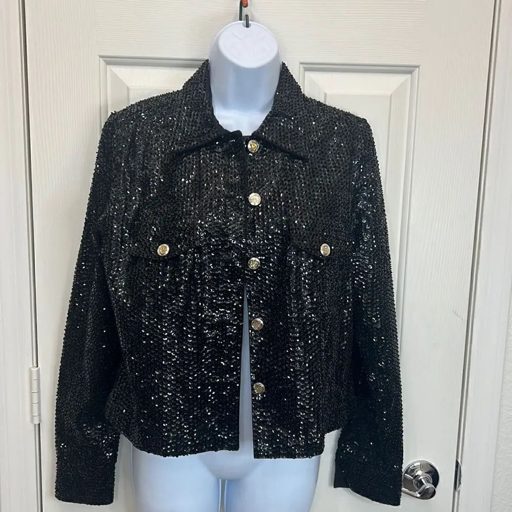 Christine Phillips Limage Black Sequin Jacket Sz 8 Hand Wash 95% Cotton 5% Lycra